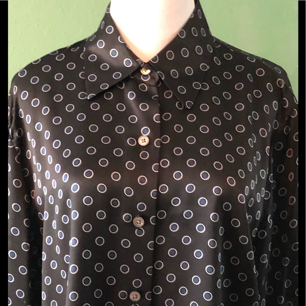 Black with Dark Royal Blue Dots in Silver Circles Cufflink Style Blouse